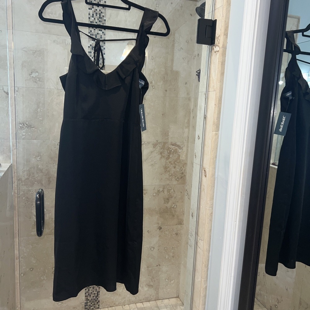 ModCloth Black Satin Sheath Midi Dress Ruffle Open Back Pinup Cocktail Womens 4